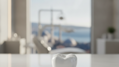 A highly detailed, photorealistic image of a perfect white dental crown, in sharp focus, resting on a clean surface. The background is softly blurred, showing a hint of a modern dental clinic and a distant, indistinct Turkish cityscape or landscape.