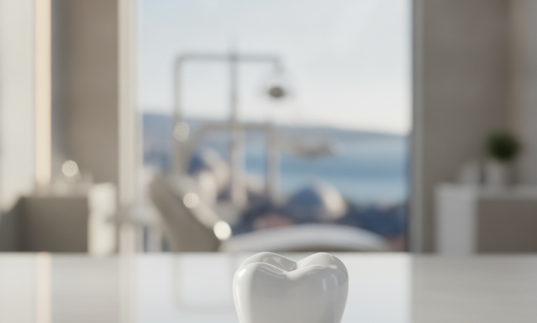 A highly detailed, photorealistic image of a perfect white dental crown, in sharp focus, resting on a clean surface. The background is softly blurred, showing a hint of a modern dental clinic and a distant, indistinct Turkish cityscape or landscape.