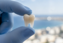 A pristine, translucent E-max dental crown is gently presented by two fingers of a surgeon's white-gloved hand. The foreground is in sharp focus, showcasing the crown's flawless finish. The background is extremely blurred, showing soft, abstract lights and shapes that suggest a modern dental clinic and a distant, sunny coastal city in Turkey.