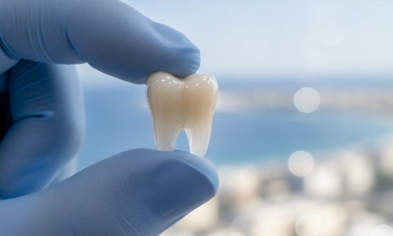 A pristine, translucent E-max dental crown is gently presented by two fingers of a surgeon's white-gloved hand. The foreground is in sharp focus, showcasing the crown's flawless finish. The background is extremely blurred, showing soft, abstract lights and shapes that suggest a modern dental clinic and a distant, sunny coastal city in Turkey.