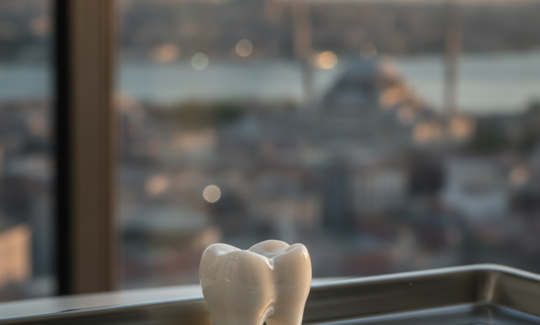 A photorealistic close-up of a perfectly crafted, pearly-white dental crown on a sterile, blurred dental tray, with a softly out-of-focus backdrop of Istanbul's cityscape and mosque domes.