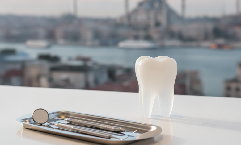 A close-up, photorealistic image of a modern dental instrument tray or a conceptual model of a bright white tooth, symbolizing advanced dental crowns, in a pristine clinic setting. The background is softly blurred, revealing the iconic silhouette of Istanbul, Turkey, with its historical mosque domes and minarets or a Bosphorus view, suggesting dental tourism. The lighting is bright and cinematic, with a shallow depth of field. No visible text.