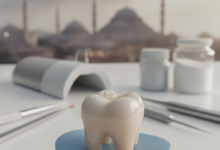 A detailed, close-up image of a perfectly crafted, natural-looking dental crown on a tooth, with a softly blurred background showing a Turkish cityscape silhouette. The image emphasizes dental quality and precision, with no visible text.