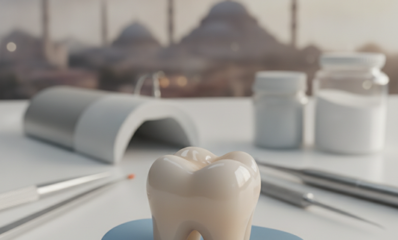 A detailed, close-up image of a perfectly crafted, natural-looking dental crown on a tooth, with a softly blurred background showing a Turkish cityscape silhouette. The image emphasizes dental quality and precision, with no visible text.