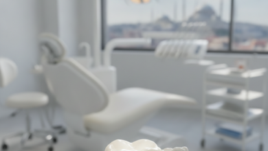 Close-up of a pristine, luminous dental crown on a realistic tooth model, set against a softly blurred background of a modern, high-tech dental clinic interior and a very subtle, sunlit Turkish cityscape.