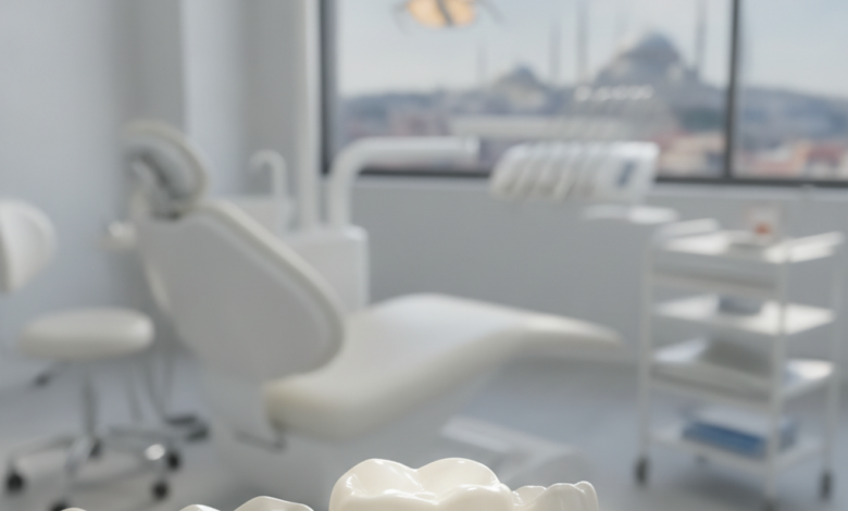 Close-up of a pristine, luminous dental crown on a realistic tooth model, set against a softly blurred background of a modern, high-tech dental clinic interior and a very subtle, sunlit Turkish cityscape.