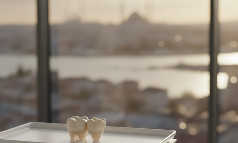 A photorealistic image of a modern dental clinic interior. In the foreground, a single, high-quality, natural-looking dental crown is displayed on a sterile white tray, in sharp focus. The background shows a softly blurred, warm-toned cityscape of Istanbul through a large window, suggesting Turkey as a premier destination for dental care.