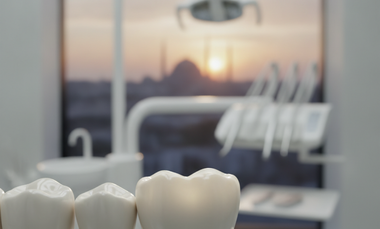 Close-up of a perfectly crafted, highly aesthetic dental crown showcasing natural translucency and strength, with a blurred background of a modern dental clinic and a distant, out-of-focus Turkish city skyline.