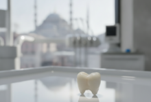 Close-up of a pristine, white Zirconia dental crown on a sterile dental tray, with a very blurred background showing silhouettes of Turkish architecture through a modern clinic window. The image signifies high-quality dental treatment in Turkey.