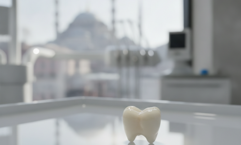 Close-up of a pristine, white Zirconia dental crown on a sterile dental tray, with a very blurred background showing silhouettes of Turkish architecture through a modern clinic window. The image signifies high-quality dental treatment in Turkey.