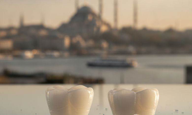 A gleaming, perfectly shaped white dental crown prominently displayed in the foreground, with the iconic, blurred skyline of Istanbul, Turkey, featuring domes and minarets, in the soft-focus background.