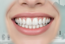 Close-up of a person's healthy, radiant smile showcasing perfectly fitted, natural-looking dental crowns. The background is a very subtly blurred, abstract hint of modern architecture, evoking a sense of high-quality dental care in Turkey.