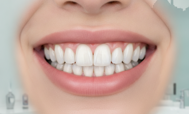 Close-up of a person's healthy, radiant smile showcasing perfectly fitted, natural-looking dental crowns. The background is a very subtly blurred, abstract hint of modern architecture, evoking a sense of high-quality dental care in Turkey.