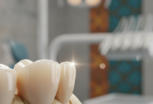 A close-up, photorealistic image of a natural-looking, perfectly crafted dental crown resting on a model tooth in a modern, sterile dental clinic setting. The background is softly blurred with abstract architectural hints suggesting a location like Turkey, emphasizing high-quality dental care.