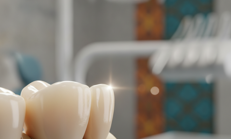 A close-up, photorealistic image of a natural-looking, perfectly crafted dental crown resting on a model tooth in a modern, sterile dental clinic setting. The background is softly blurred with abstract architectural hints suggesting a location like Turkey, emphasizing high-quality dental care.