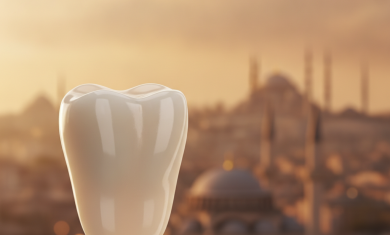A sparkling, photorealistic dental crown in crisp focus, positioned in the foreground. The background is a beautifully blurred, warm-toned panoramic view of Istanbul, featuring recognizable architectural silhouettes like mosques, suggesting high-quality dental tourism. The scene is bathed in cinematic light with shallow depth of field.