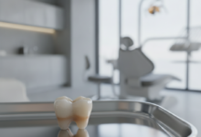 A pristine, lifelike dental crown sits on a sterile dental tray, with a blurred background of a modern, clean dental clinic. The image highlights the quality and aesthetic of dental restorations.