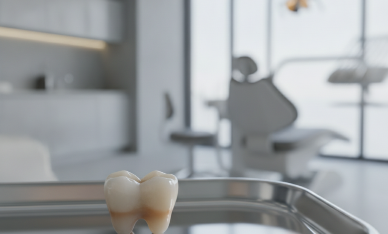 A pristine, lifelike dental crown sits on a sterile dental tray, with a blurred background of a modern, clean dental clinic. The image highlights the quality and aesthetic of dental restorations.