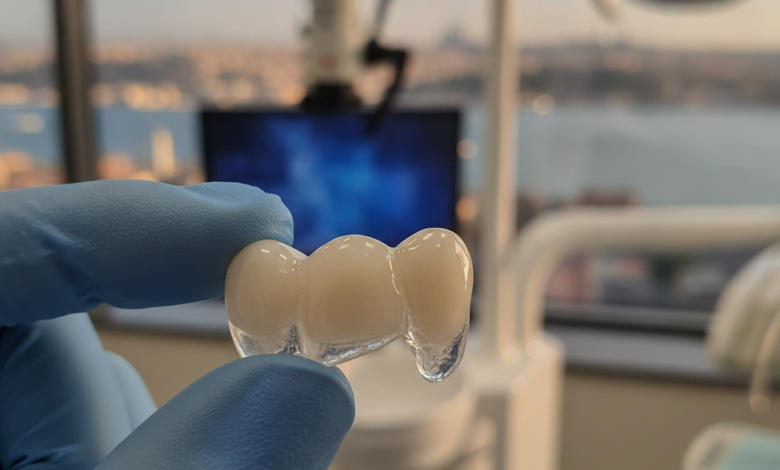 A close-up, photorealistic image of a perfectly crafted, translucent dental crown, held gently by gloved hands. The background shows a modern, sterile dental clinic with advanced equipment, and beyond, a very subtly blurred Turkish cityscape is visible, symbolizing Turkey as a leading destination for dental tourism. The focus is on the crown's intricate details and professional care.