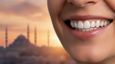 A person with a confident and healthy smile, showing bright, perfectly aligned teeth. In the soft-focus background, the iconic cityscape of Istanbul, Turkey, with its architectural landmarks under warm, ambient light.
