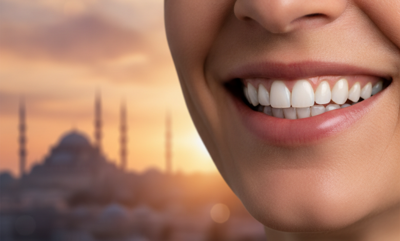 A person with a confident and healthy smile, showing bright, perfectly aligned teeth. In the soft-focus background, the iconic cityscape of Istanbul, Turkey, with its architectural landmarks under warm, ambient light.