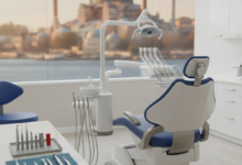 A photorealistic image of a modern, pristine dental clinic interior with a high-tech dental chair in the foreground. Through a window, a blurred but identifiable Turkish cityscape or landmark is visible in the background.
