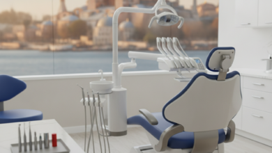 A photorealistic image of a modern, pristine dental clinic interior with a high-tech dental chair in the foreground. Through a window, a blurred but identifiable Turkish cityscape or landmark is visible in the background.