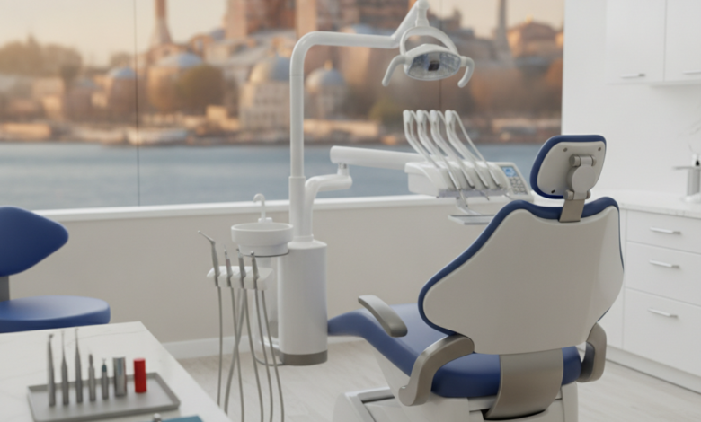 A photorealistic image of a modern, pristine dental clinic interior with a high-tech dental chair in the foreground. Through a window, a blurred but identifiable Turkish cityscape or landmark is visible in the background.