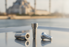 A close-up, photorealistic view of sterile, metallic dental implant components resting on a clean, reflective surface. The background is softly blurred, showing a warm, subtly recognizable architectural detail of a mosque dome from Turkey. There is no text visible in the image.
