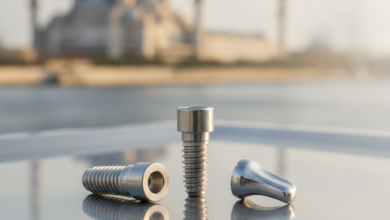 A close-up, photorealistic view of sterile, metallic dental implant components resting on a clean, reflective surface. The background is softly blurred, showing a warm, subtly recognizable architectural detail of a mosque dome from Turkey. There is no text visible in the image.