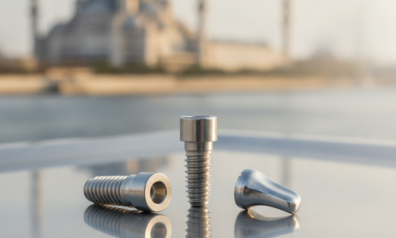 A close-up, photorealistic view of sterile, metallic dental implant components resting on a clean, reflective surface. The background is softly blurred, showing a warm, subtly recognizable architectural detail of a mosque dome from Turkey. There is no text visible in the image.