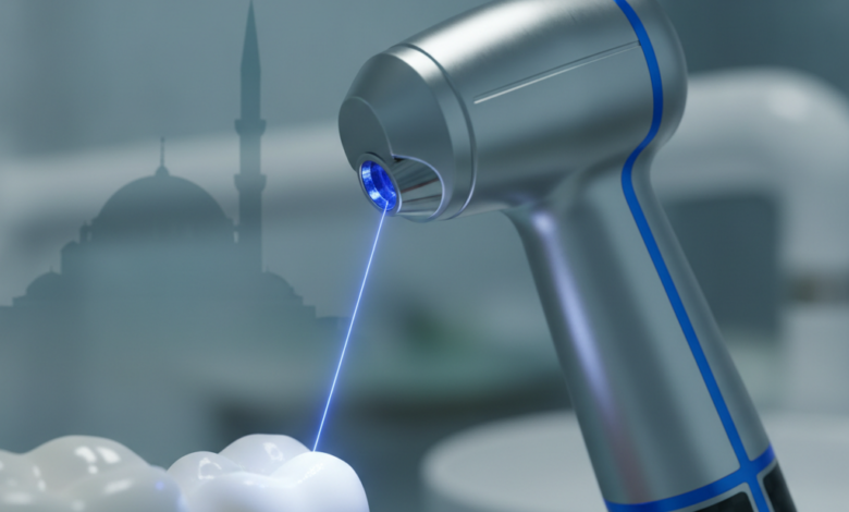 A photorealistic image of a futuristic dental laser handpiece emitting a precise light beam towards a generic tooth or gum, rendered in ultra-detail with a shallow depth of field. The background is a softly blurred modern dental clinic, with a very subtle, distant outline of Turkish architecture. No visible text.