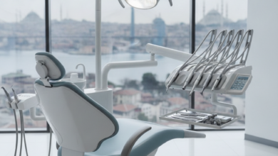 A photorealistic depiction of a pristine, modern dental clinic interior, featuring an ergonomic dental chair and neatly arranged sterile instruments. The background is a softly blurred panoramic view of the Istanbul skyline, suggesting dental tourism in Turkey.