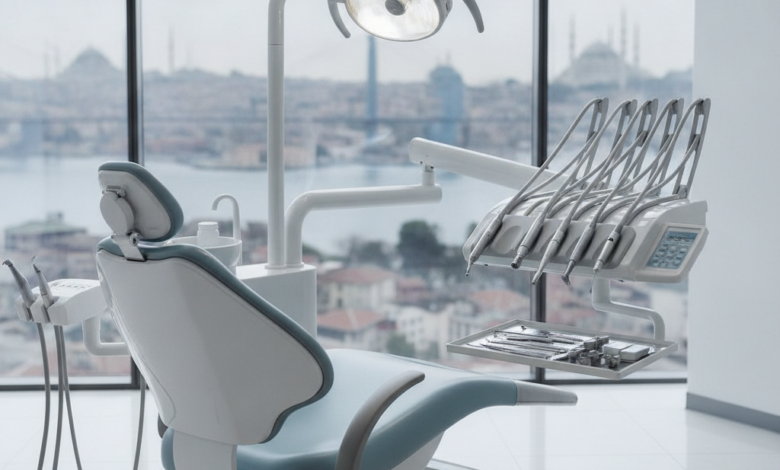 A photorealistic depiction of a pristine, modern dental clinic interior, featuring an ergonomic dental chair and neatly arranged sterile instruments. The background is a softly blurred panoramic view of the Istanbul skyline, suggesting dental tourism in Turkey.