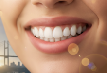 A close-up, photorealistic image of a perfect, healthy smile featuring bright, natural-looking teeth. The background is a very blurred, modern dental clinic setting, with a subtle, indistinct outline of a contemporary Turkish cityscape further in the distance, suggesting high-quality, fast dental care in an international setting.