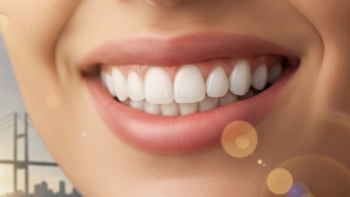 A close-up, photorealistic image of a perfect, healthy smile featuring bright, natural-looking teeth. The background is a very blurred, modern dental clinic setting, with a subtle, indistinct outline of a contemporary Turkish cityscape further in the distance, suggesting high-quality, fast dental care in an international setting.