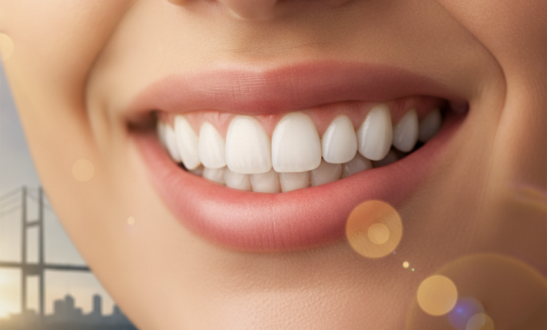 A close-up, photorealistic image of a perfect, healthy smile featuring bright, natural-looking teeth. The background is a very blurred, modern dental clinic setting, with a subtle, indistinct outline of a contemporary Turkish cityscape further in the distance, suggesting high-quality, fast dental care in an international setting.