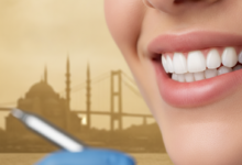 Close-up of a person's radiant, naturally white smile, with a subtle, blurred image of a Turkish landmark in the background, symbolizing high-quality dental tourism.