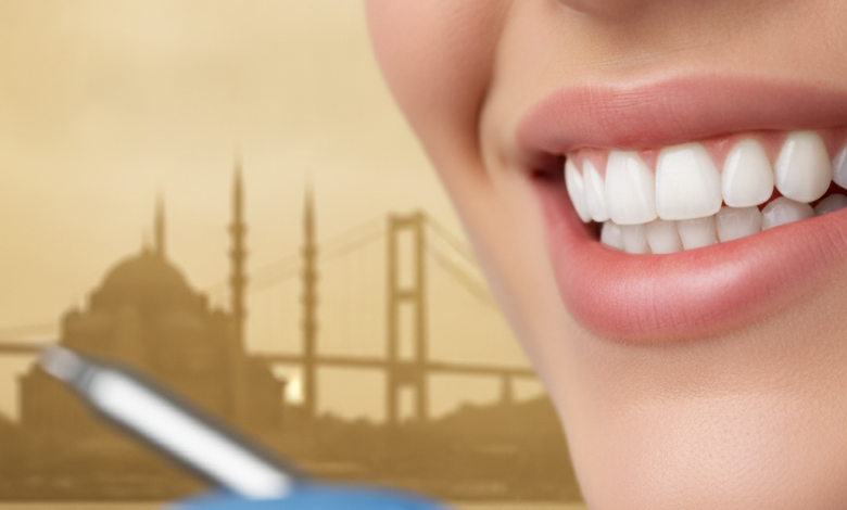 Close-up of a person's radiant, naturally white smile, with a subtle, blurred image of a Turkish landmark in the background, symbolizing high-quality dental tourism.