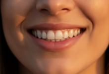 A close-up, photorealistic image of a person's healthy, bright, and perfectly aligned teeth, showcasing a confident and natural smile. The background is a soft, out-of-focus view of Istanbul, Turkey, with blurred architectural elements like domes and minarets.