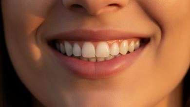 A close-up, photorealistic image of a person's healthy, bright, and perfectly aligned teeth, showcasing a confident and natural smile. The background is a soft, out-of-focus view of Istanbul, Turkey, with blurred architectural elements like domes and minarets.
