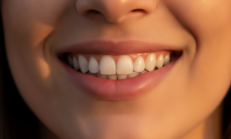 A close-up, photorealistic image of a person's healthy, bright, and perfectly aligned teeth, showcasing a confident and natural smile. The background is a soft, out-of-focus view of Istanbul, Turkey, with blurred architectural elements like domes and minarets.