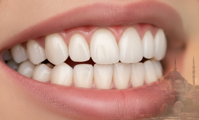 A close-up view of a perfect, bright smile with natural-looking teeth, implying successful dental crown work, set against a softly blurred background of Istanbul, Turkey's cityscape with historical buildings and waterways.