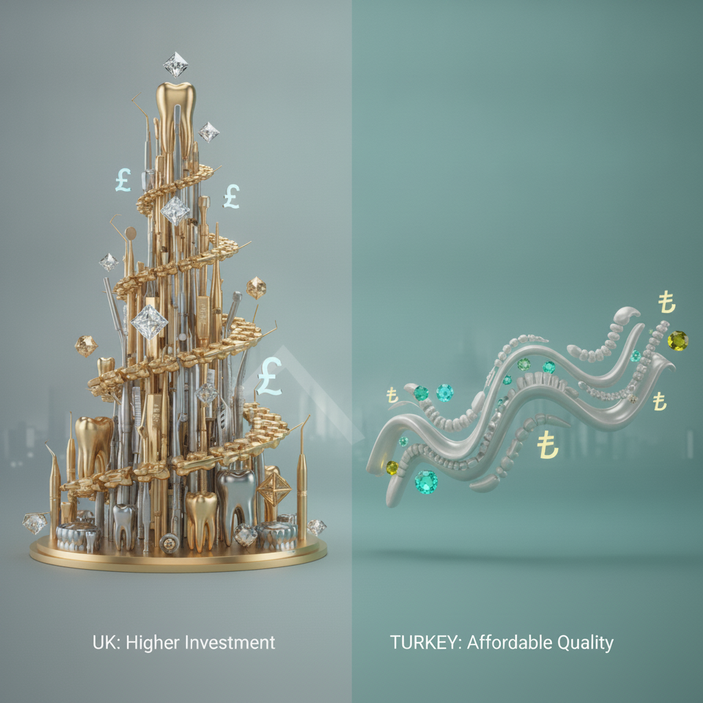 Turkey vs UK Dental Prices, a conceptual visual of the significant cost savings in Turkish dental treatments.
