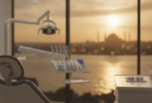 A photorealistic scene showing a modern, clean dental clinic interior with subtle, high-tech dental equipment in the foreground, out of sharp focus. Through a large panoramic window in the background, a beautifully blurred, iconic Turkish cityscape, such as the Hagia Sophia in Istanbul bathed in warm light, is visible. The image conveys advanced dental care combined with travel.