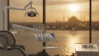 A photorealistic scene showing a modern, clean dental clinic interior with subtle, high-tech dental equipment in the foreground, out of sharp focus. Through a large panoramic window in the background, a beautifully blurred, iconic Turkish cityscape, such as the Hagia Sophia in Istanbul bathed in warm light, is visible. The image conveys advanced dental care combined with travel.