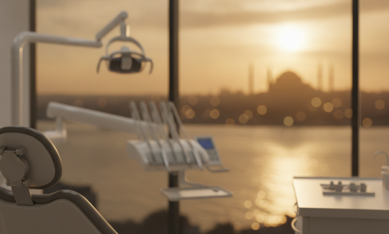 A photorealistic scene showing a modern, clean dental clinic interior with subtle, high-tech dental equipment in the foreground, out of sharp focus. Through a large panoramic window in the background, a beautifully blurred, iconic Turkish cityscape, such as the Hagia Sophia in Istanbul bathed in warm light, is visible. The image conveys advanced dental care combined with travel.