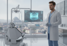 A photorealistic depiction of a professional dentist in a modern, high-tech dental clinic. The dentist, in professional scrubs, stands near digital equipment displaying generic dental imaging without any text. Through a large window, a blurred Turkish city skyline is subtly visible in the background, emphasizing the location and quality of dental services.