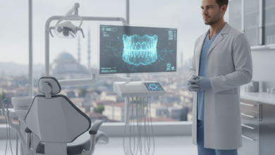 A photorealistic depiction of a professional dentist in a modern, high-tech dental clinic. The dentist, in professional scrubs, stands near digital equipment displaying generic dental imaging without any text. Through a large window, a blurred Turkish city skyline is subtly visible in the background, emphasizing the location and quality of dental services.