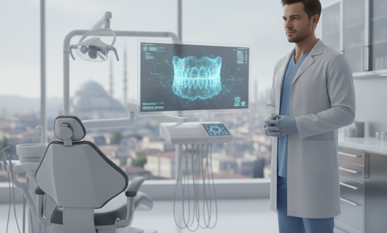 A photorealistic depiction of a professional dentist in a modern, high-tech dental clinic. The dentist, in professional scrubs, stands near digital equipment displaying generic dental imaging without any text. Through a large window, a blurred Turkish city skyline is subtly visible in the background, emphasizing the location and quality of dental services.